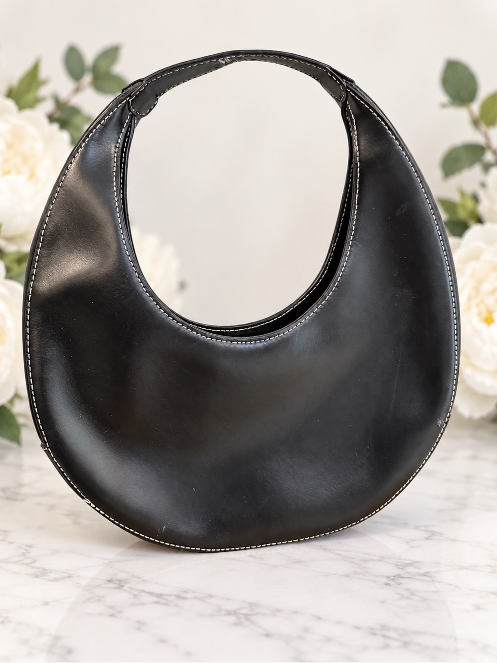 STAUD Black Crescent Shoulder Bag with White Topstitching